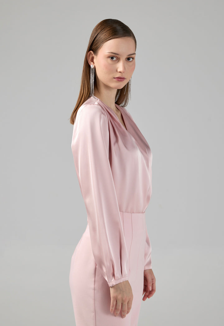Choice Long Sleeves Satin Bodysuit Top Pink