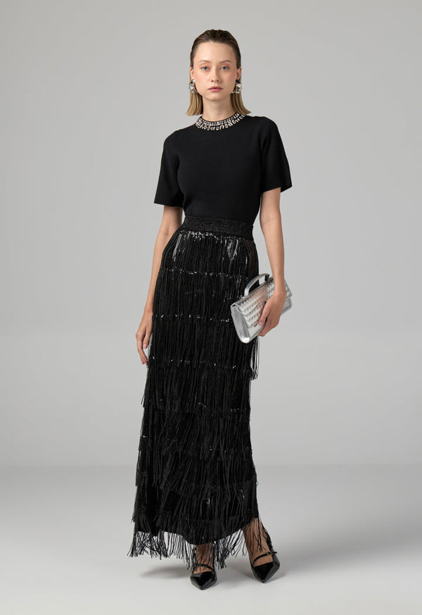 Choice Knitted Sequins Fringe Skirt Black