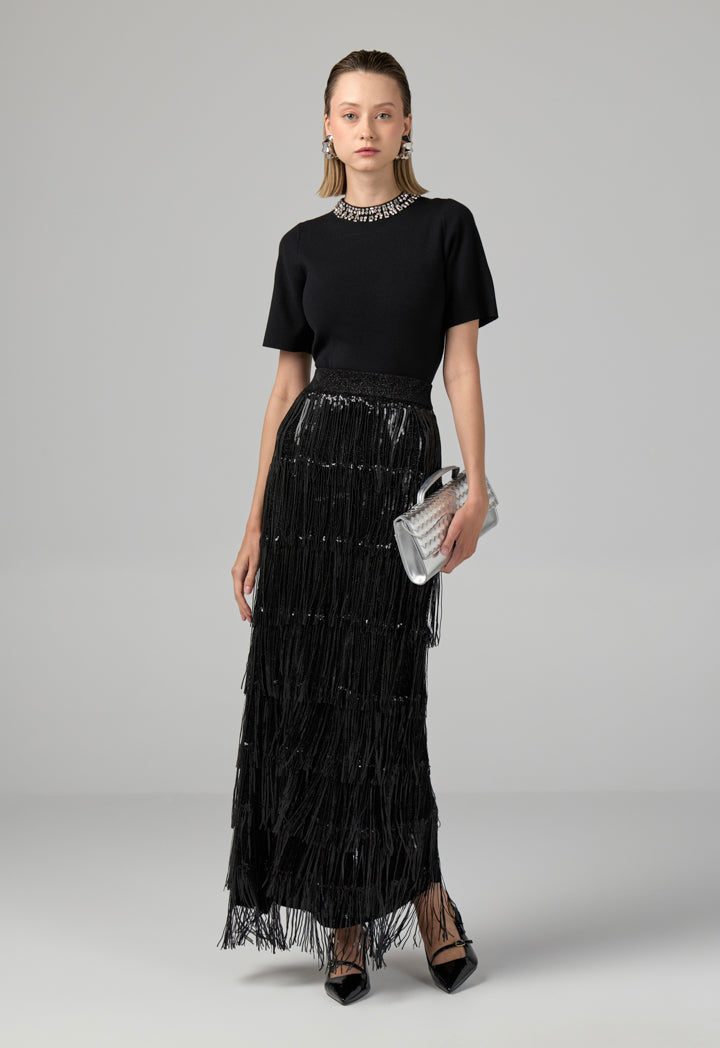 Choice Knitted Sequins Fringe Skirt Black
