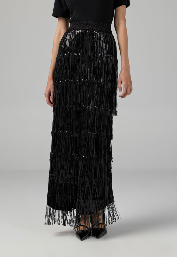Choice Knitted Sequins Fringe Skirt Black