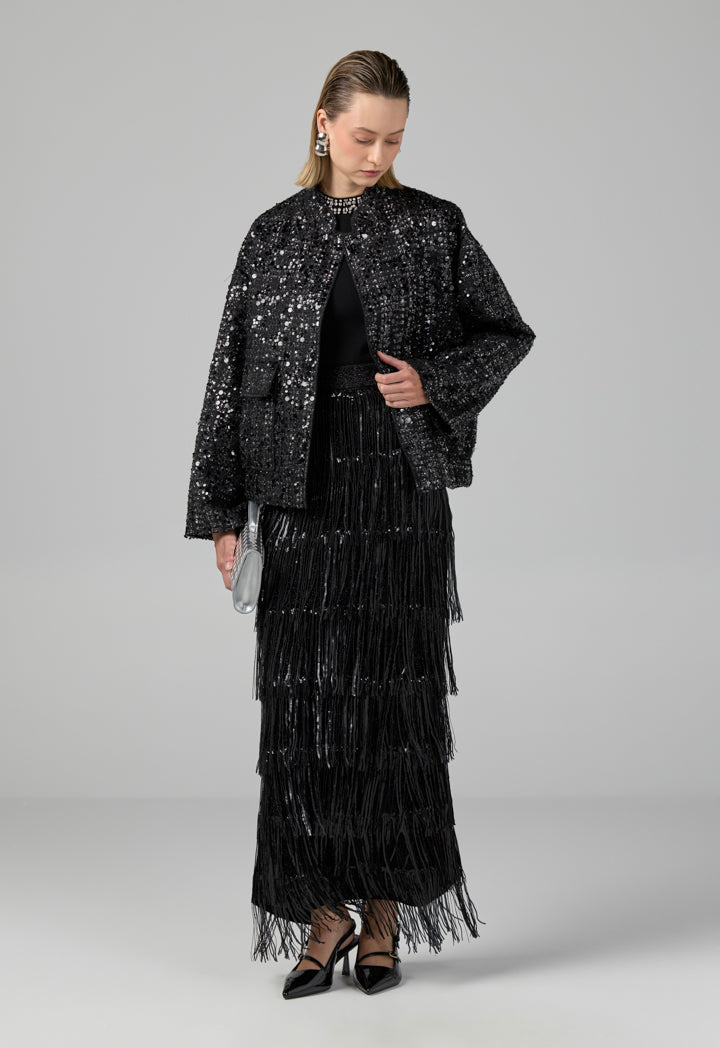 Choice Knitted Sequins Fringe Skirt Black