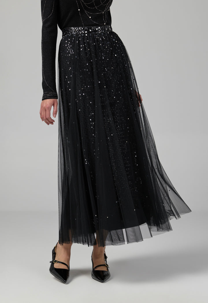 Choice Sequins Mesh Flared Skirt Black