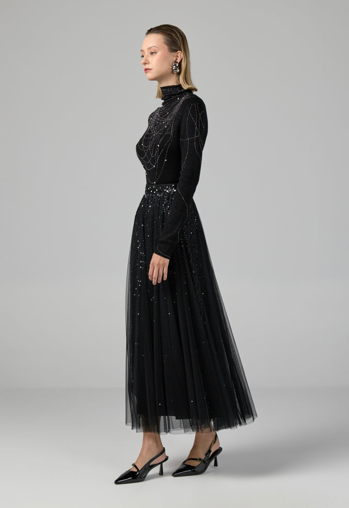 Choice Sequins Mesh Flared Skirt Black