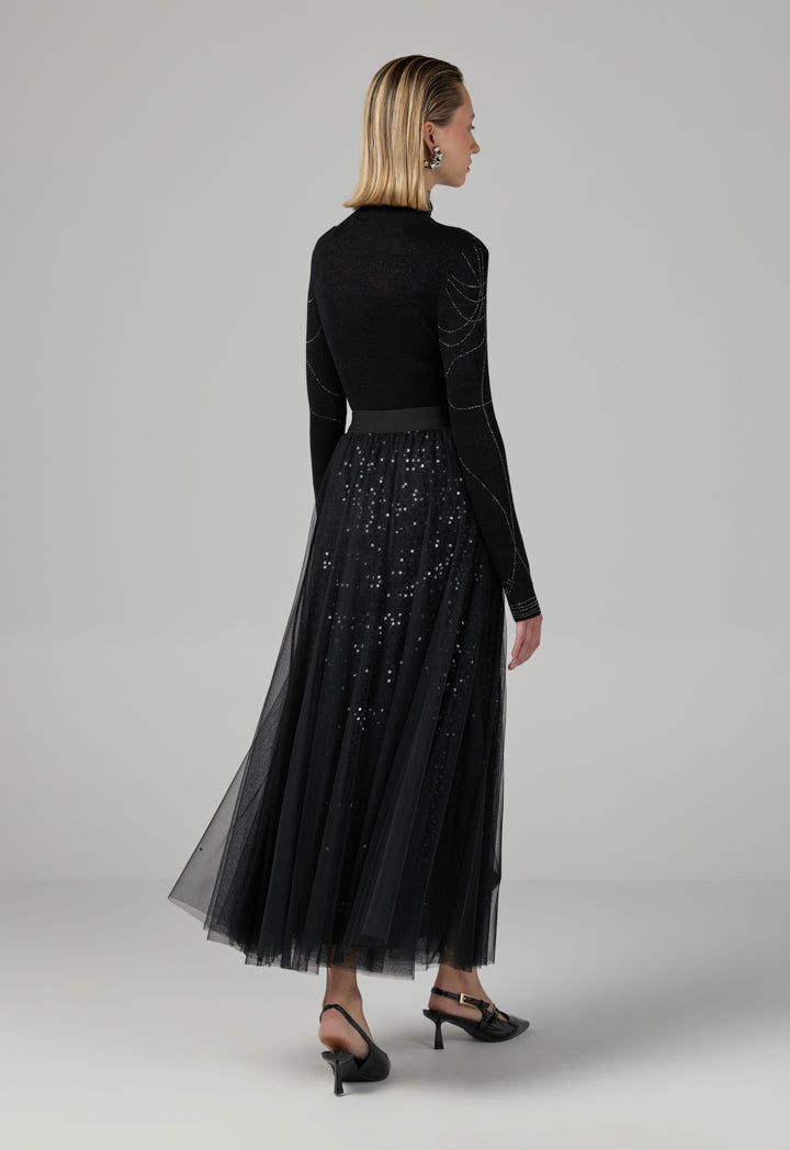 Choice Sequins Mesh Flared Skirt Black