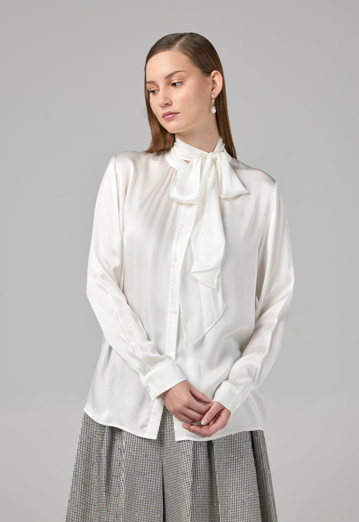 Choice Solid Shirt With Attached Scarf Off White