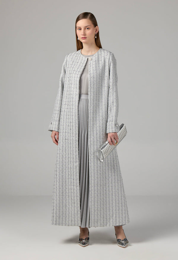 Choice Long Sleeve Tweed Lurex Coat Grey