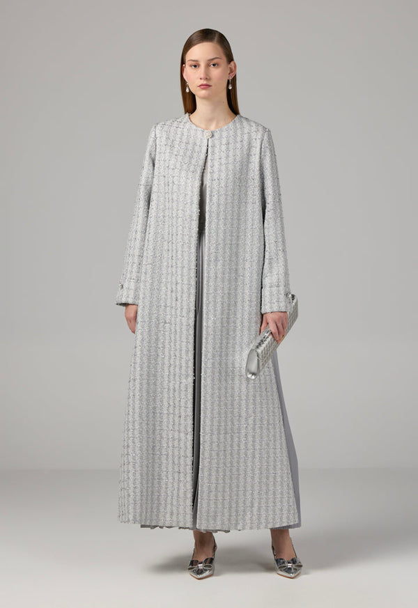 Choice Long Sleeve Tweed Lurex Coat Grey