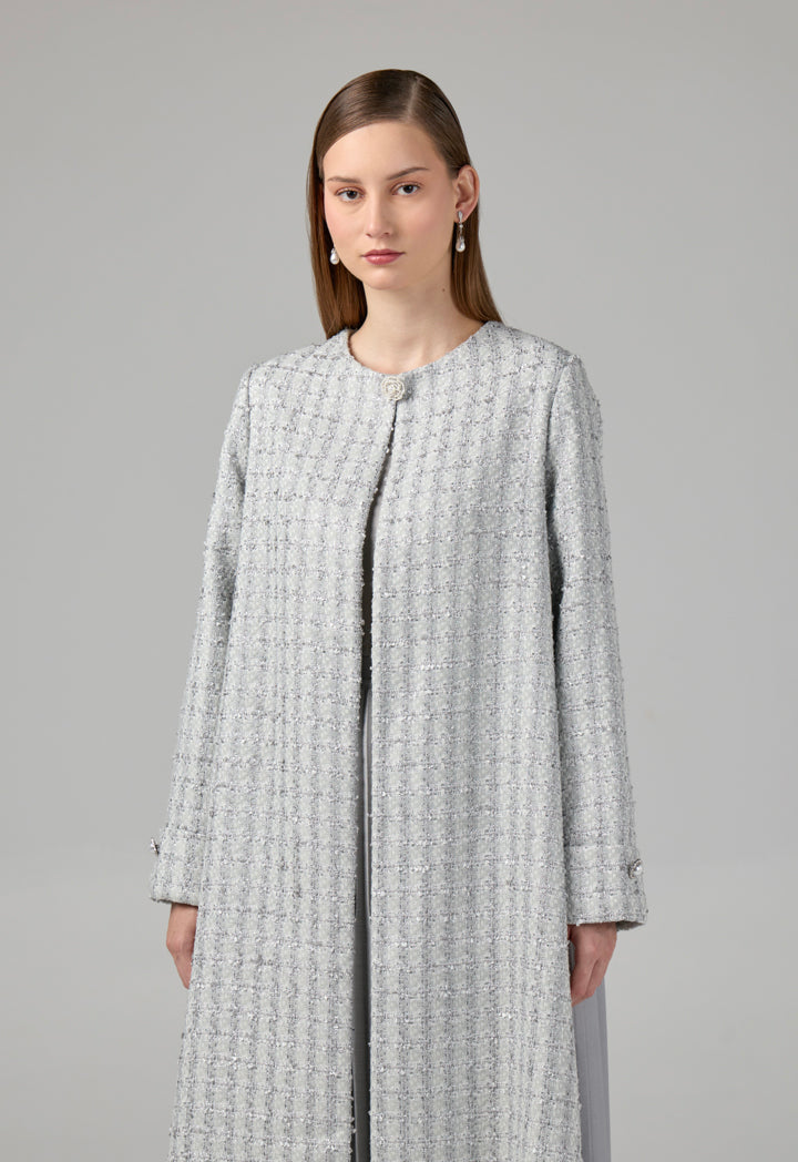 Choice Long Sleeve Tweed Lurex Coat Grey