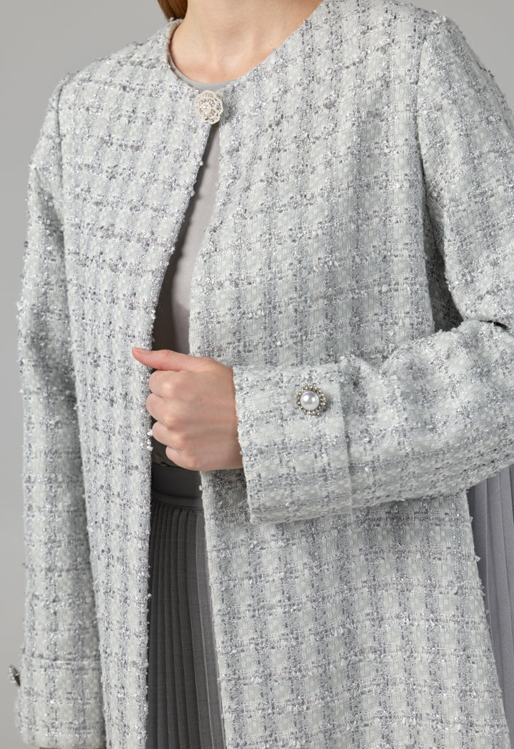 Choice Long Sleeve Tweed Lurex Coat Grey