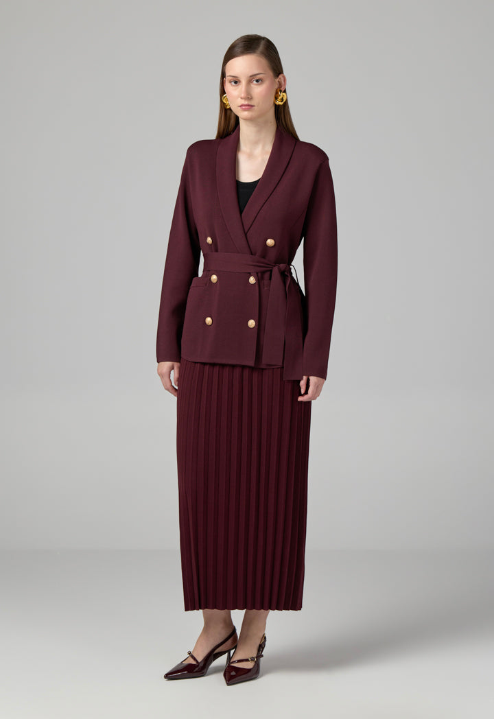 Choice Front Pockets Knitted Belted Jacket Burgundy