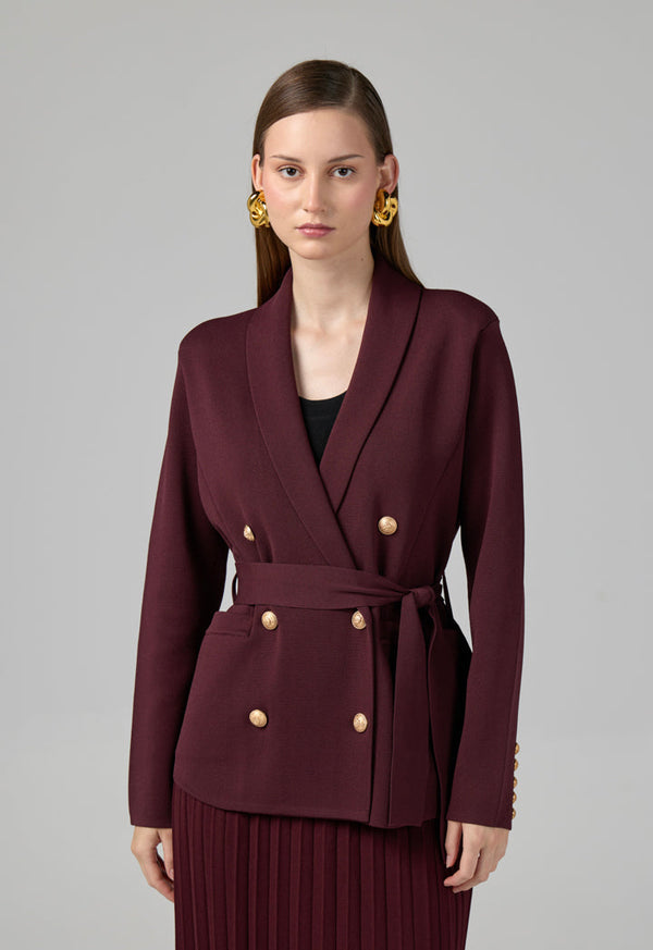Choice Front Pockets Knitted Belted Jacket Burgundy