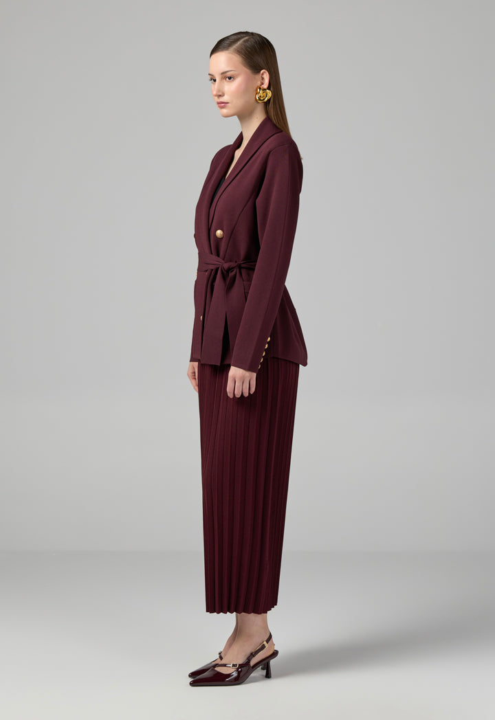 Choice Front Pockets Knitted Belted Jacket Burgundy