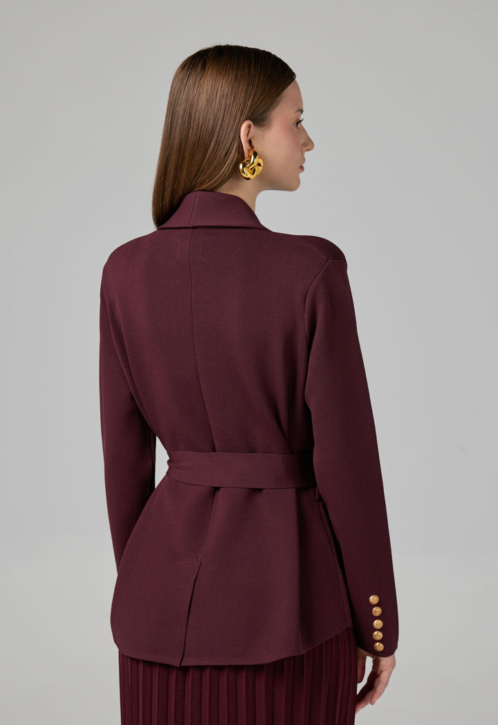 Choice Front Pockets Knitted Belted Jacket Burgundy