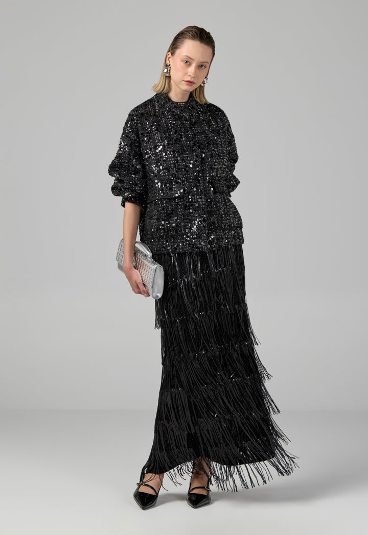 Choice Long Sleeve Sequin Tweed Jacket Black