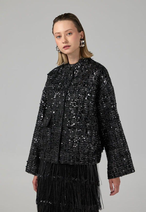 Choice Long Sleeve Sequin Tweed Jacket Black