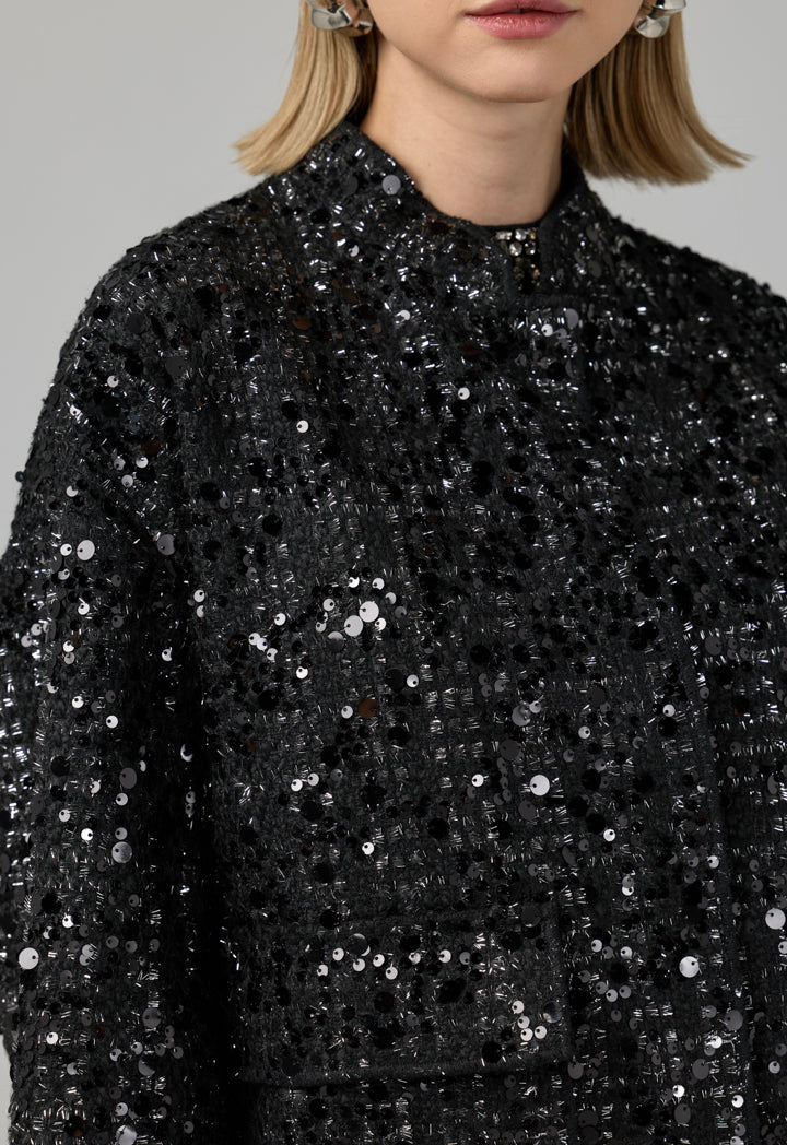Choice Long Sleeve Sequin Tweed Jacket Black