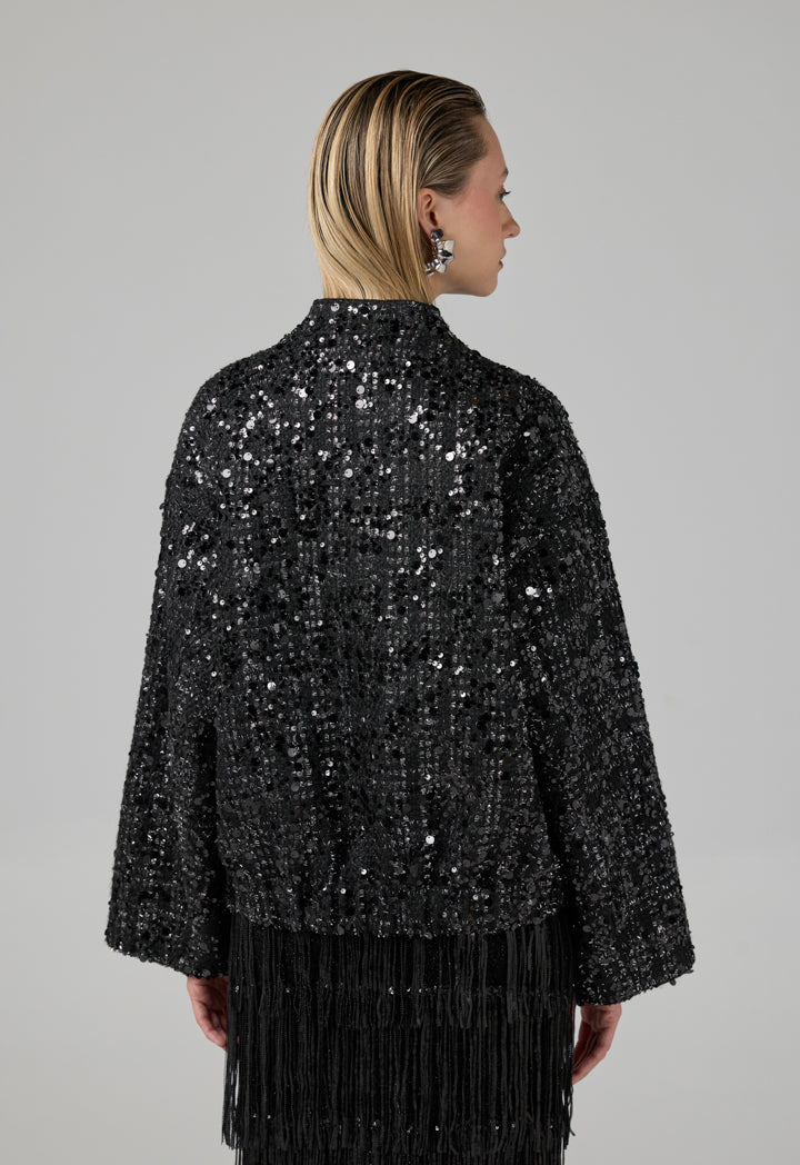 Choice Long Sleeve Sequin Tweed Jacket Black