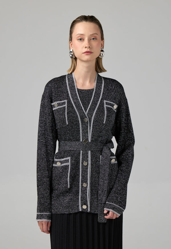 Choice Long Sleeves Knitted Belted Cardigan Black
