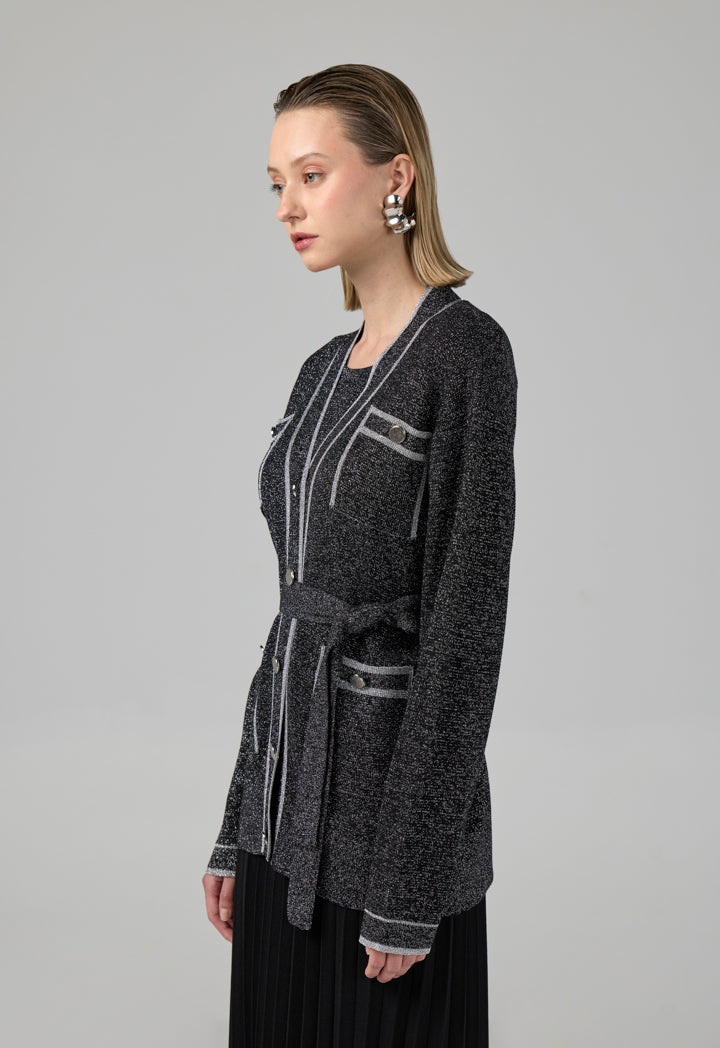 Choice Long Sleeves Knitted Belted Cardigan Black
