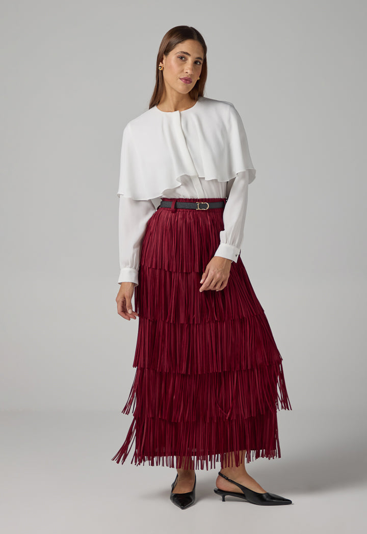 Choice Solid Pleated Fringe Maxi Skirt Burgundy