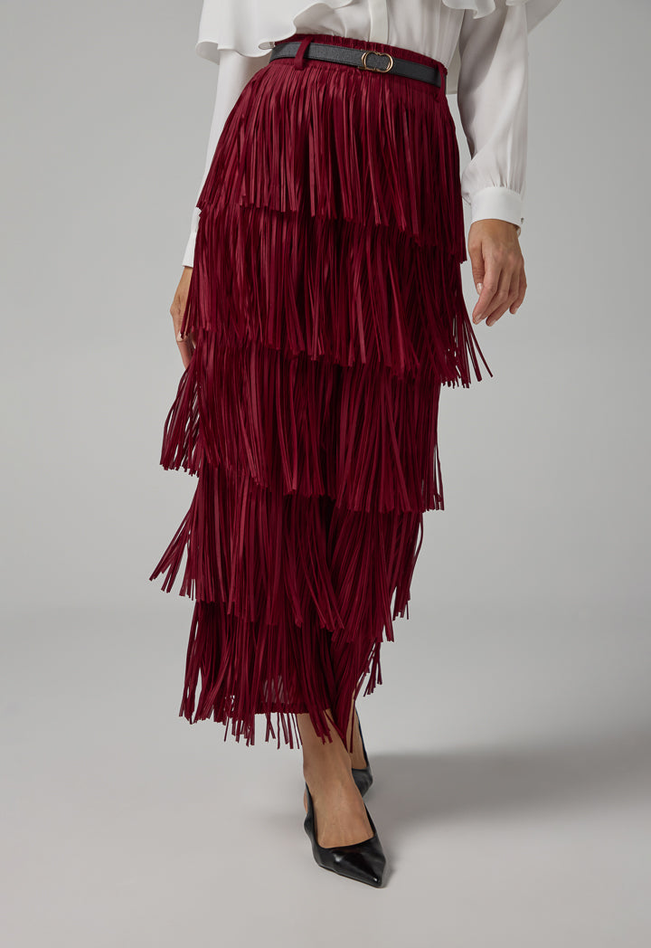 Choice Solid Pleated Fringe Maxi Skirt Burgundy