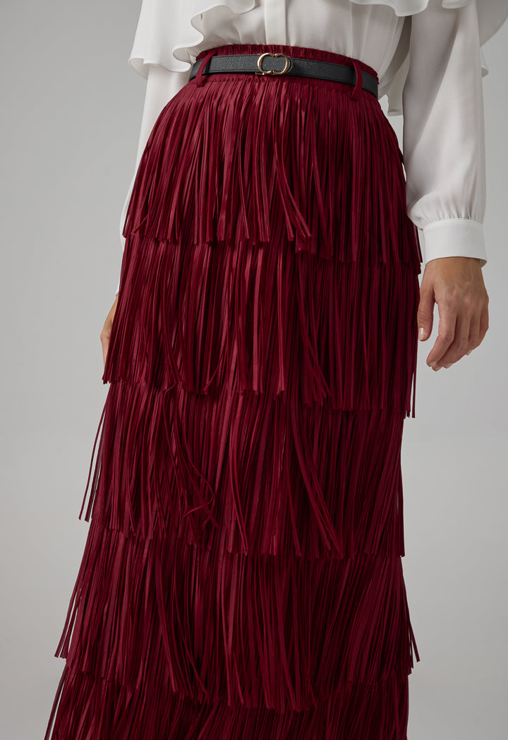 Choice Solid Pleated Fringe Maxi Skirt Burgundy