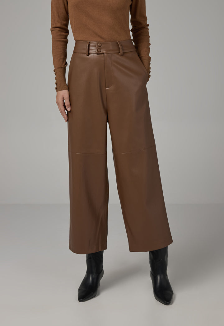 Choice Pu Leather Wide Legs Basic Trousers Brown