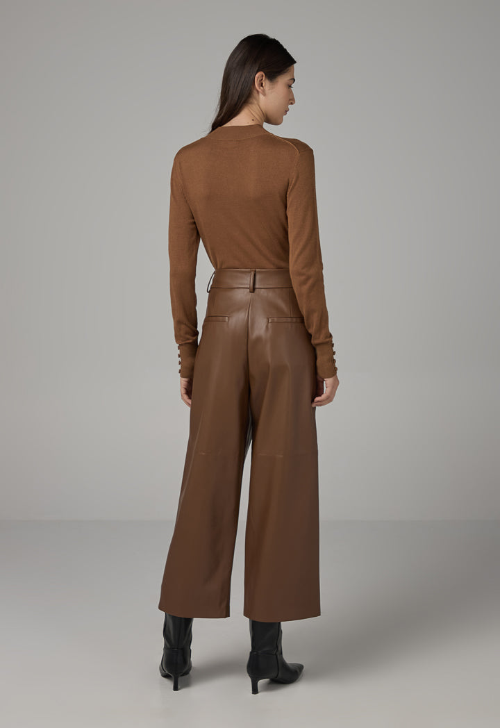 Choice Pu Leather Wide Legs Basic Trousers Brown