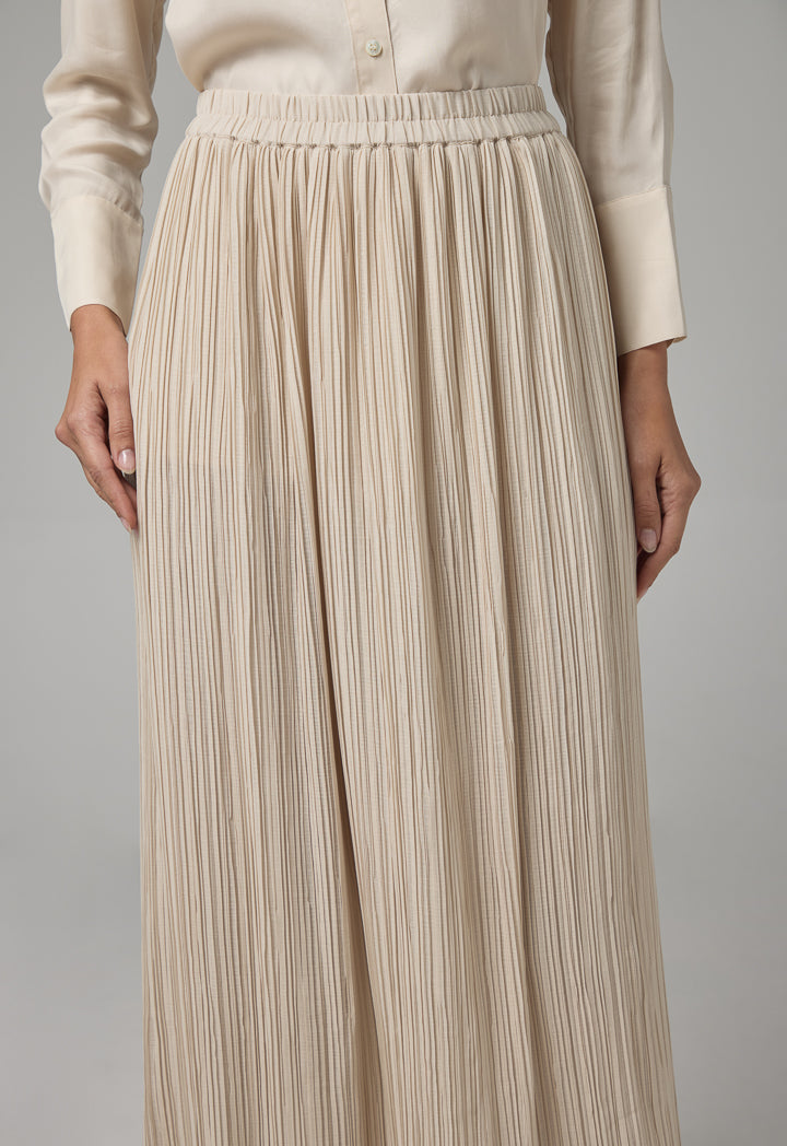 Choice Solid Elasticated Waist Pleated Skirt Beige