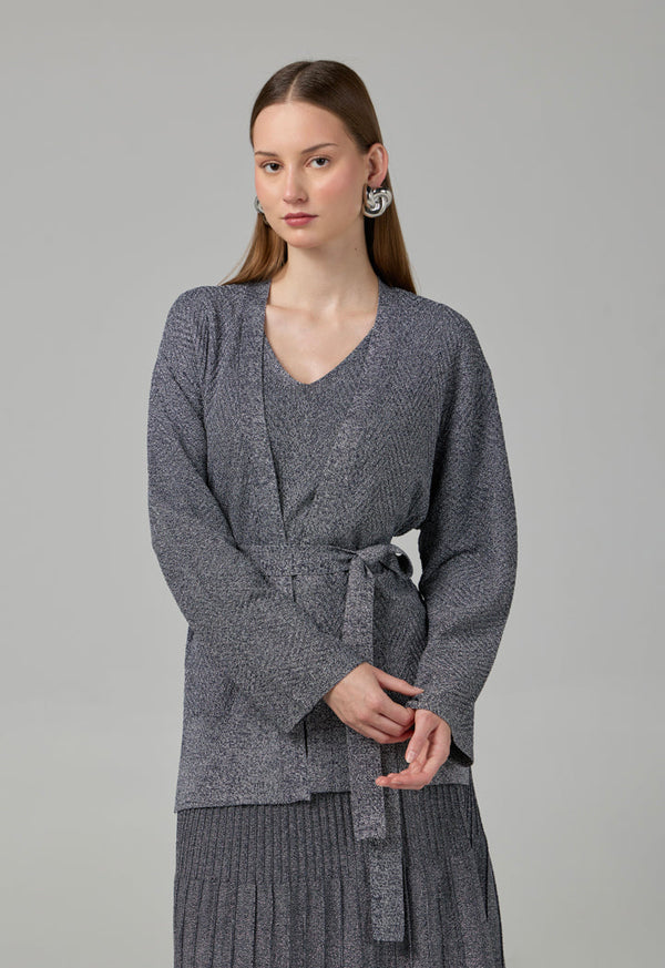 Choice Solid Lurex Knitted Belted Cardigan Silver