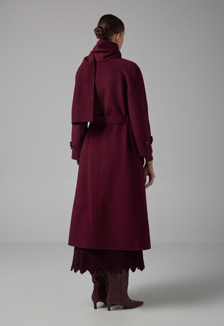 Choice Wool Handmade Coat With Detachable Scarf Burgundy