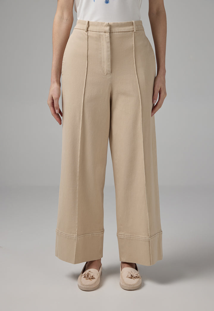 Choice Wide Leg Pintuck Denim Trousers Beige