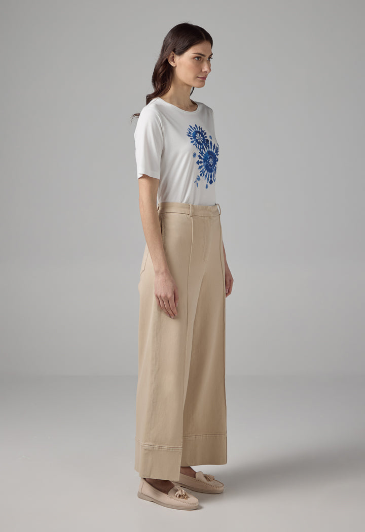 Choice Wide Leg Pintuck Denim Trousers Beige