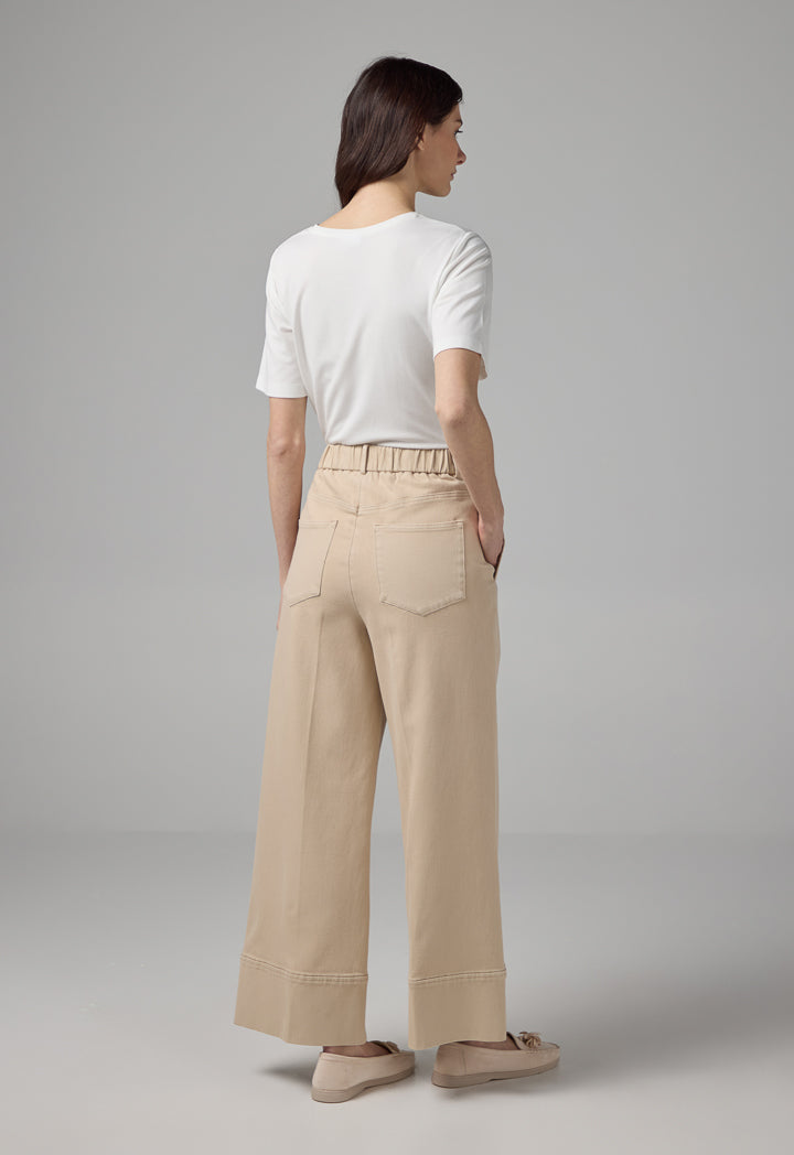 Choice Wide Leg Pintuck Denim Trousers Beige