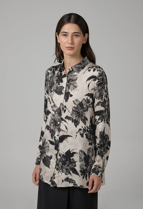 Choice Floral Printed Long Sleeve Shirt  Black-White