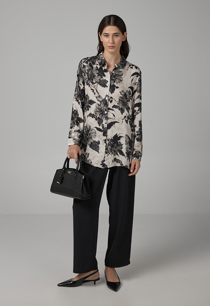 Choice Floral Printed Long Sleeve Shirt  Black-White