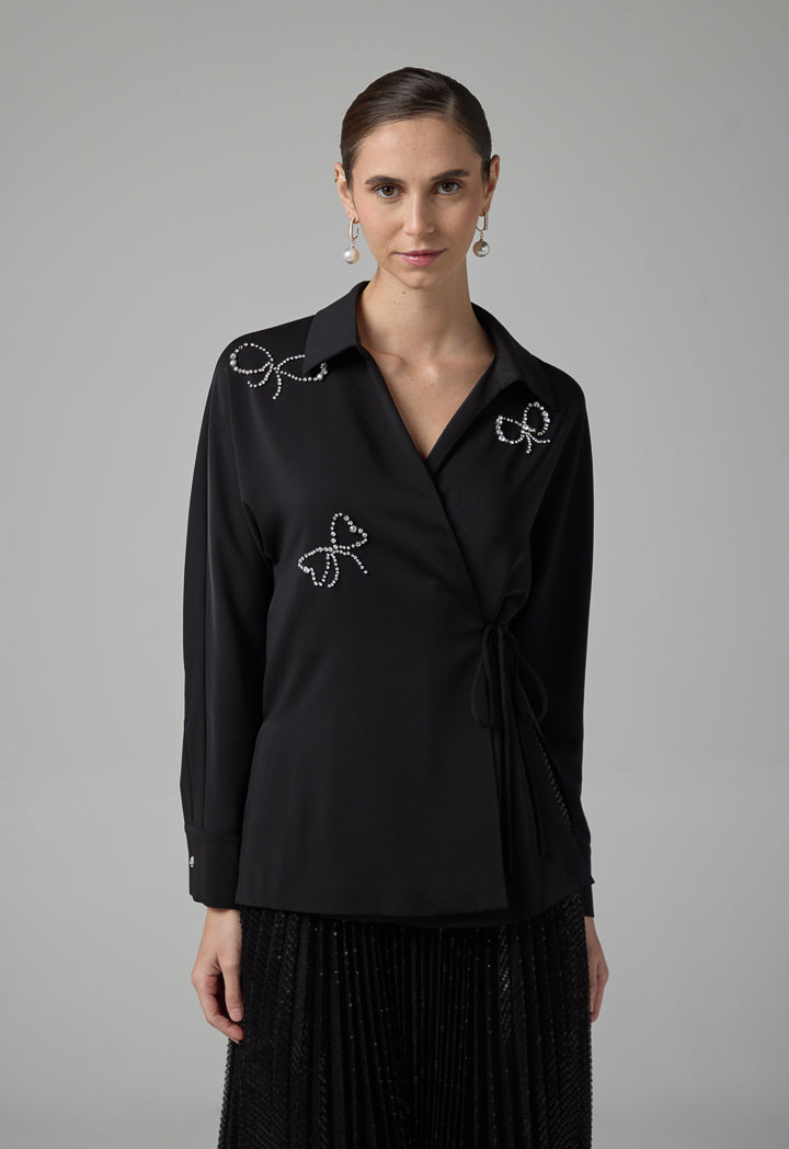 Choice Crystal Embellished Wrap Kimono Black