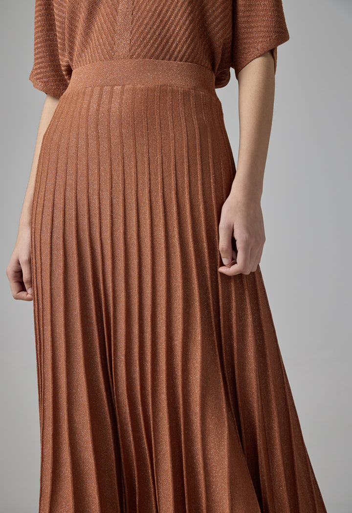 Choice Pleated Lurex Maxi Skirt Brick