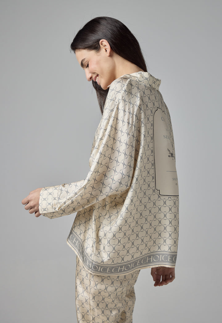 Choice Monogram Print Kimono Sleeves Shirt Beige