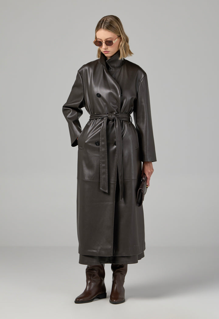 Choice Pu Leather Belted Trench Coat Brown
