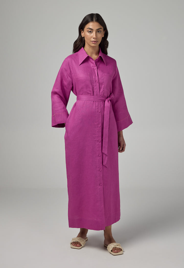 Choice Solid Linen Shirt Dress Purple
