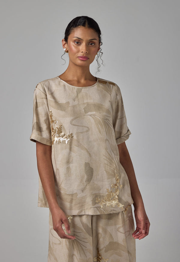Choice Sequins Embellished Printed T-Shirt Beige