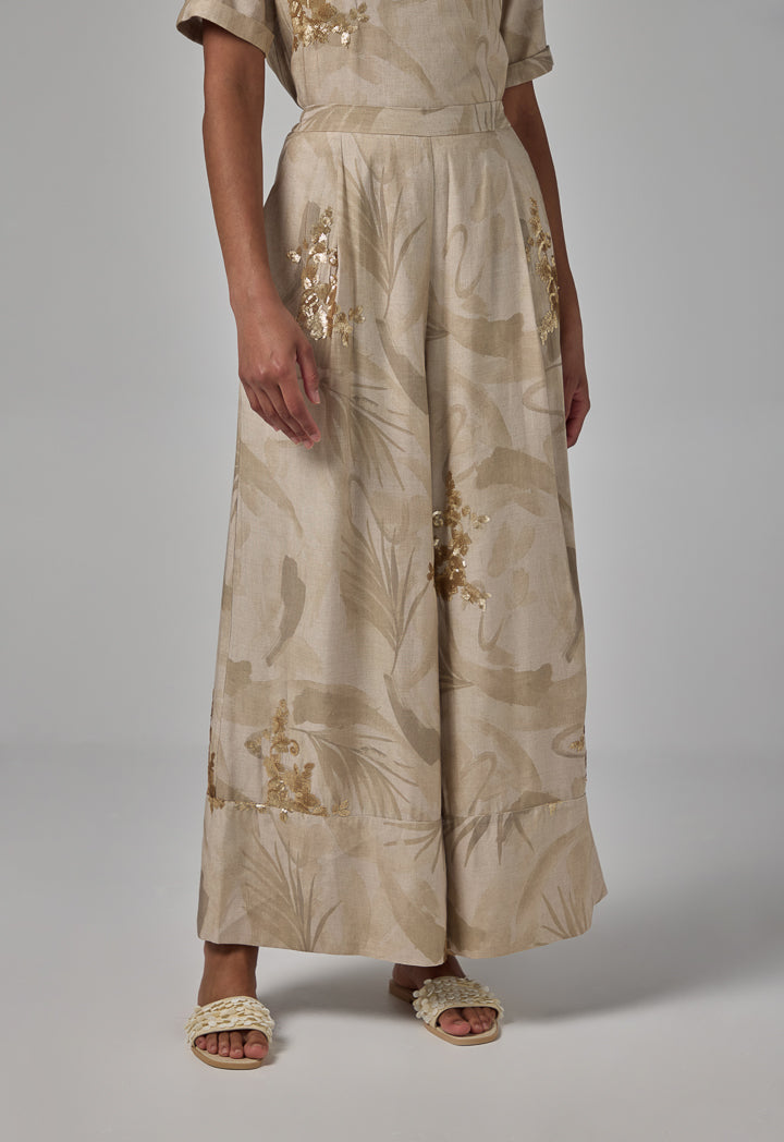Choice Elastic Waistband Sequins Embellished Palazzo Trousers Beige