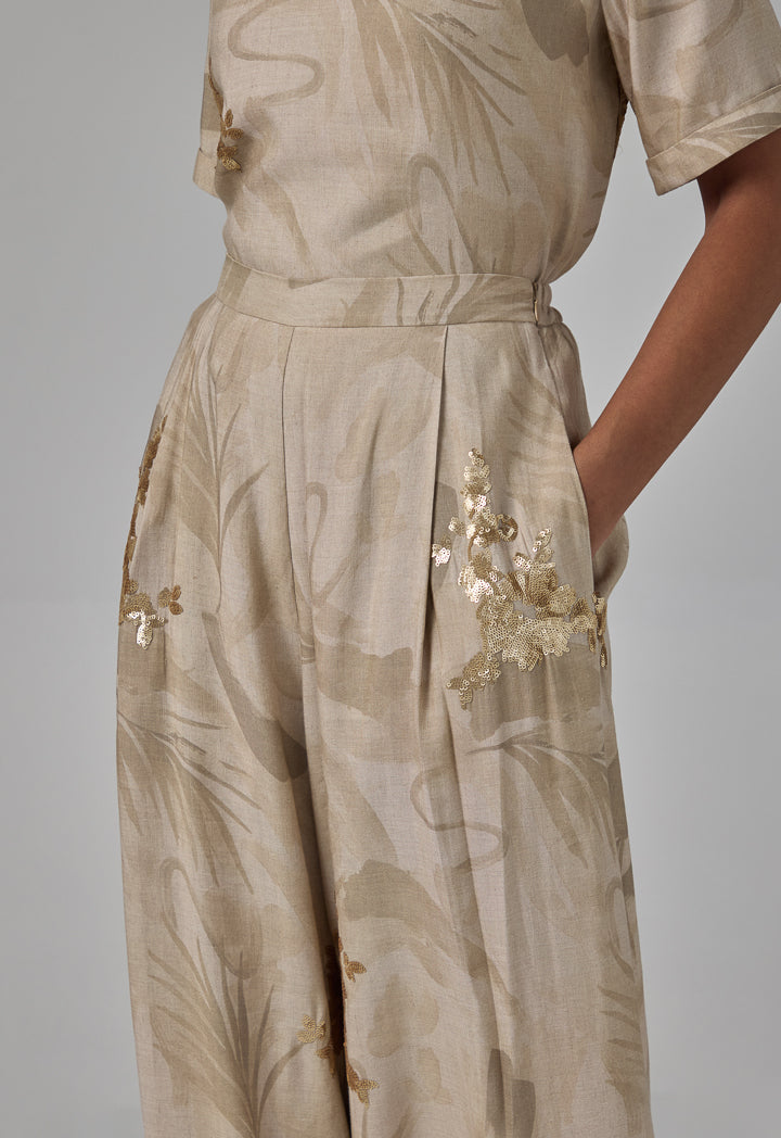 Choice Elastic Waistband Sequins Embellished Palazzo Trousers Beige