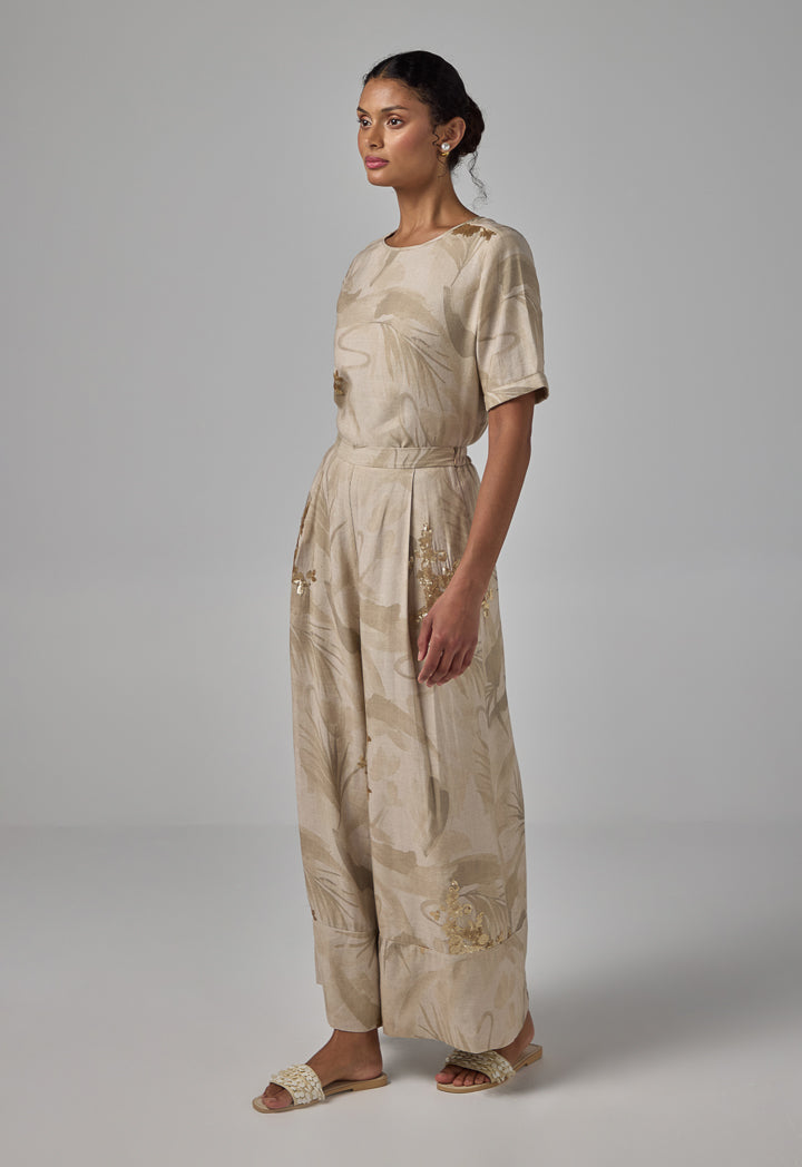 Choice Elastic Waistband Sequins Embellished Palazzo Trousers Beige