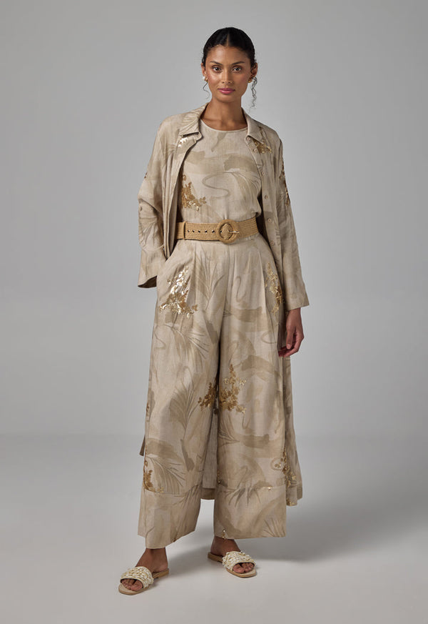 Choice Elastic Waistband Sequins Embellished Palazzo Trousers Beige