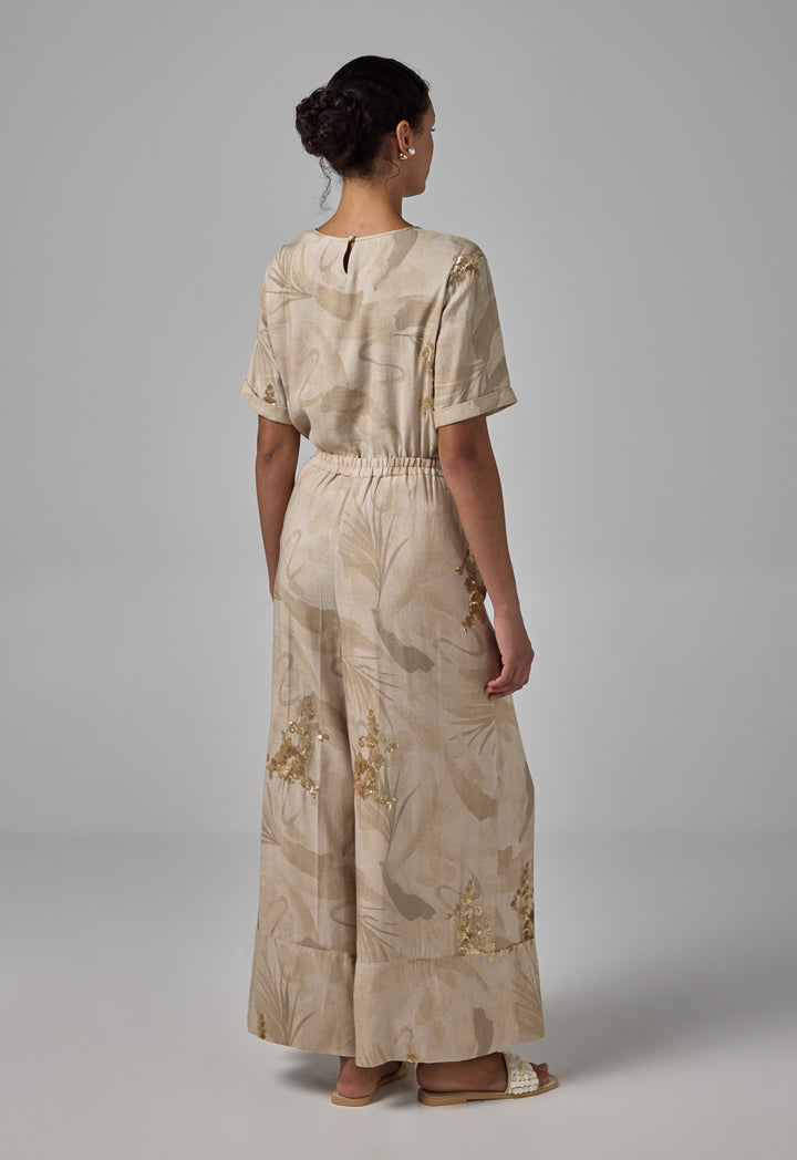 Choice Elastic Waistband Sequins Embellished Palazzo Trousers Beige