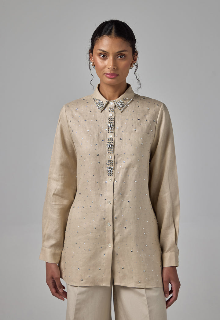Choice Solid Crystal Embellished Shirt Sand