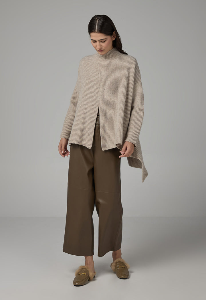 Choice Solid Knitted Ribbed Blouse  Oatmeal