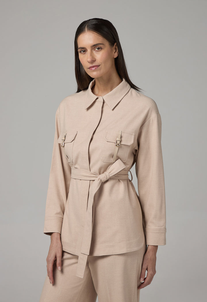 Choice Solid Front Pockets Belted Shirt Beige